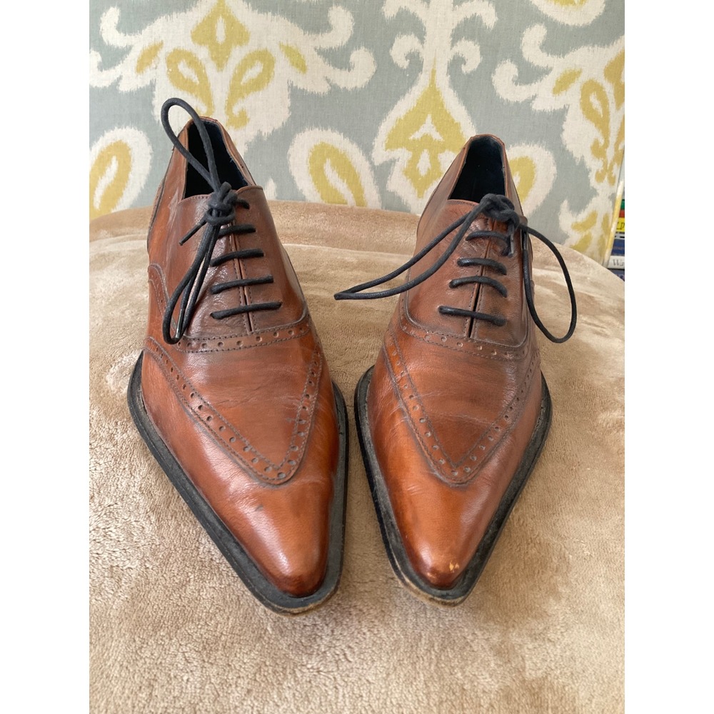 San Frediano Rush Italian Leather Wingtip Brogue Pointed Toe Lace Up Heels 37.5